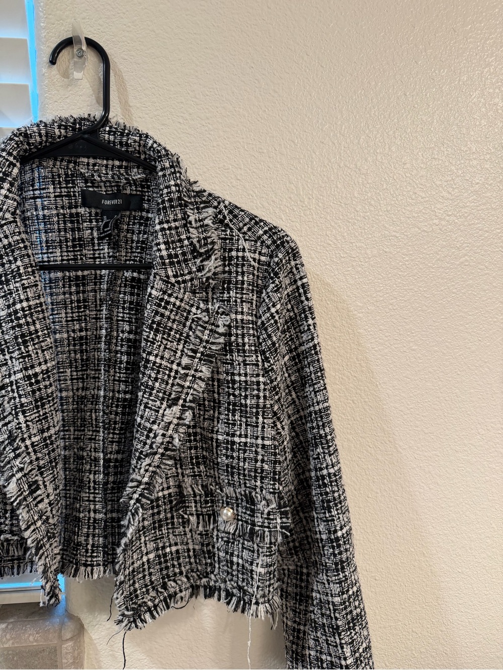 Forever 21 Black & White Tweed Frayed Hem Blazer